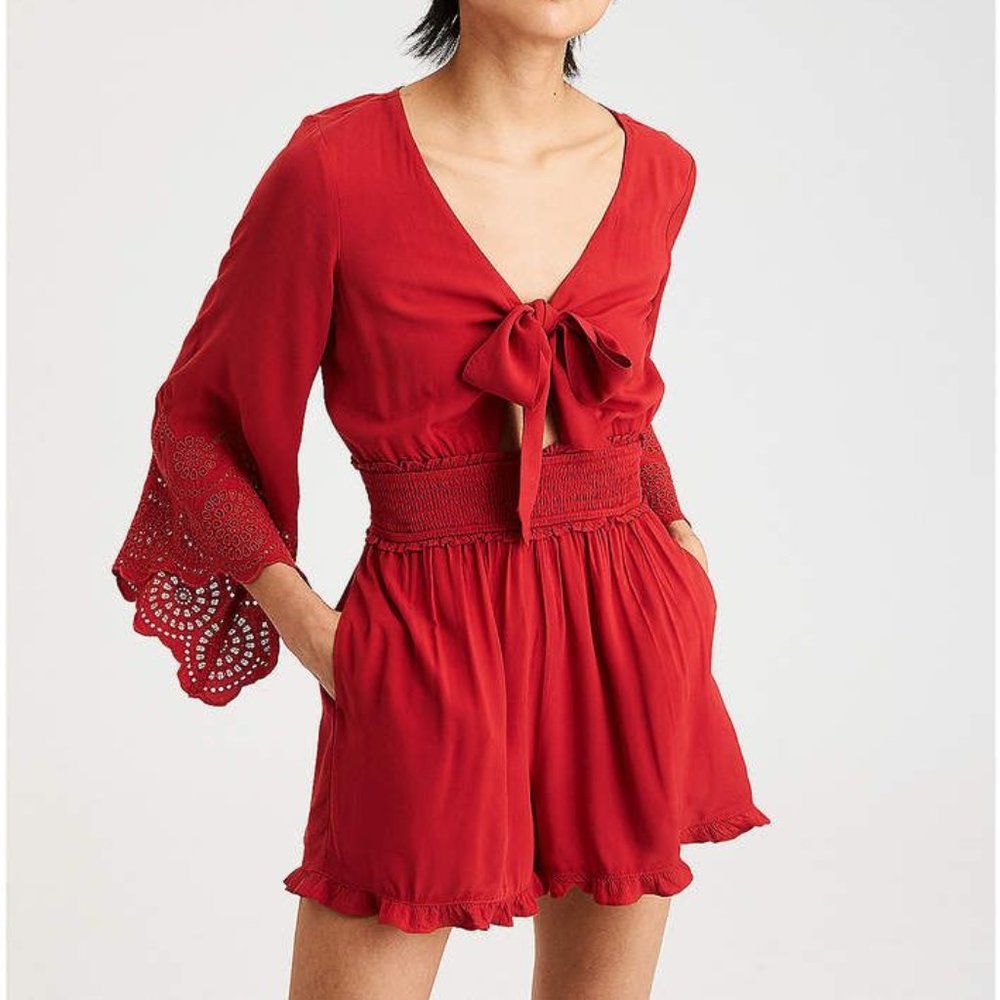 American Eagle Tie Front Bell Sleeve Romper- Medium Tall